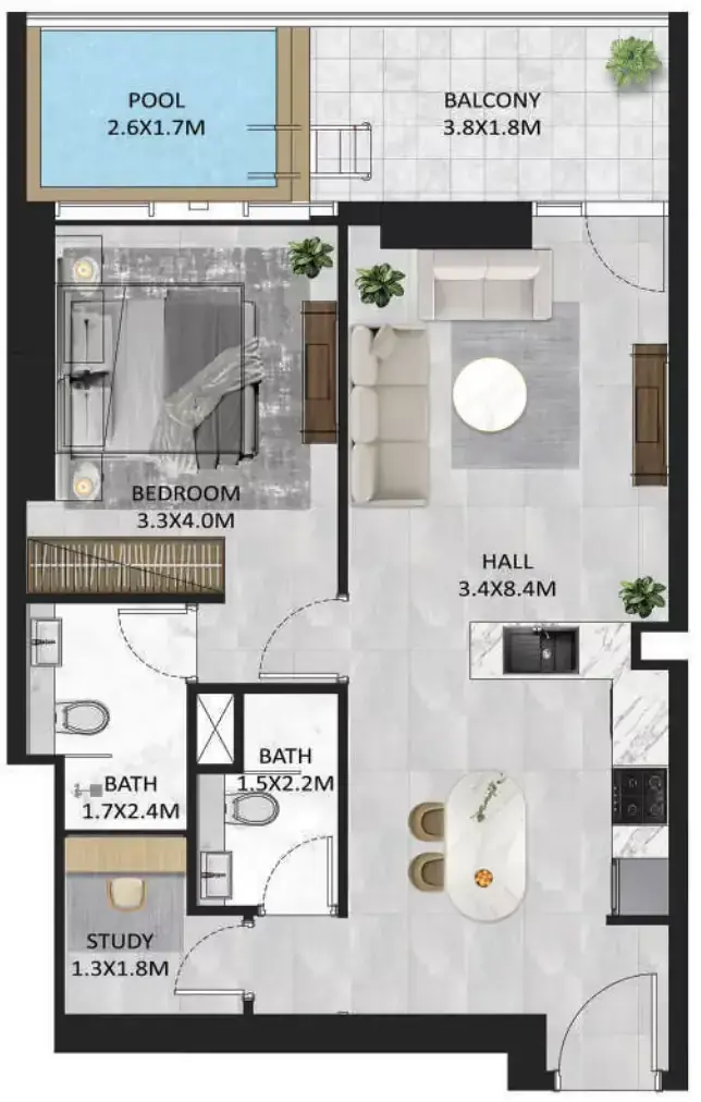 Планировка — 1-спальная, 74 м²