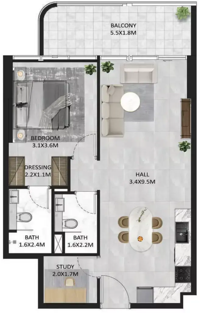 Планировка — 1-спальная, 73 м²