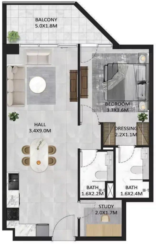 Планировка — 1-спальная, 77 м²