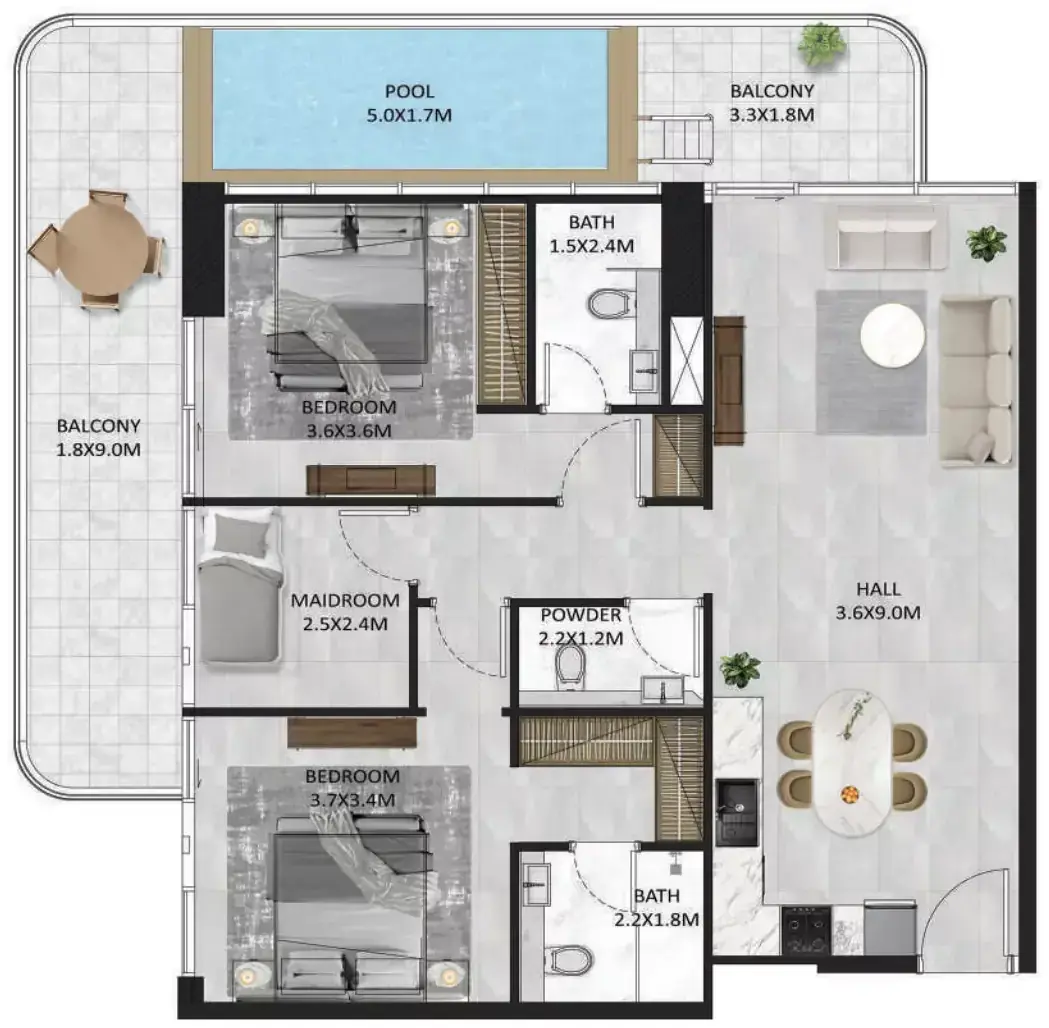 Планировка — 2-спальная, 134 м²