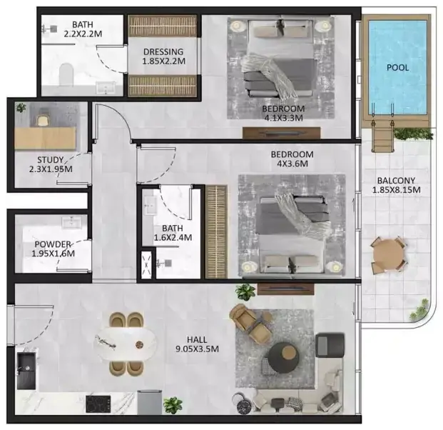 Планировка — 2-спальная, 119 м²