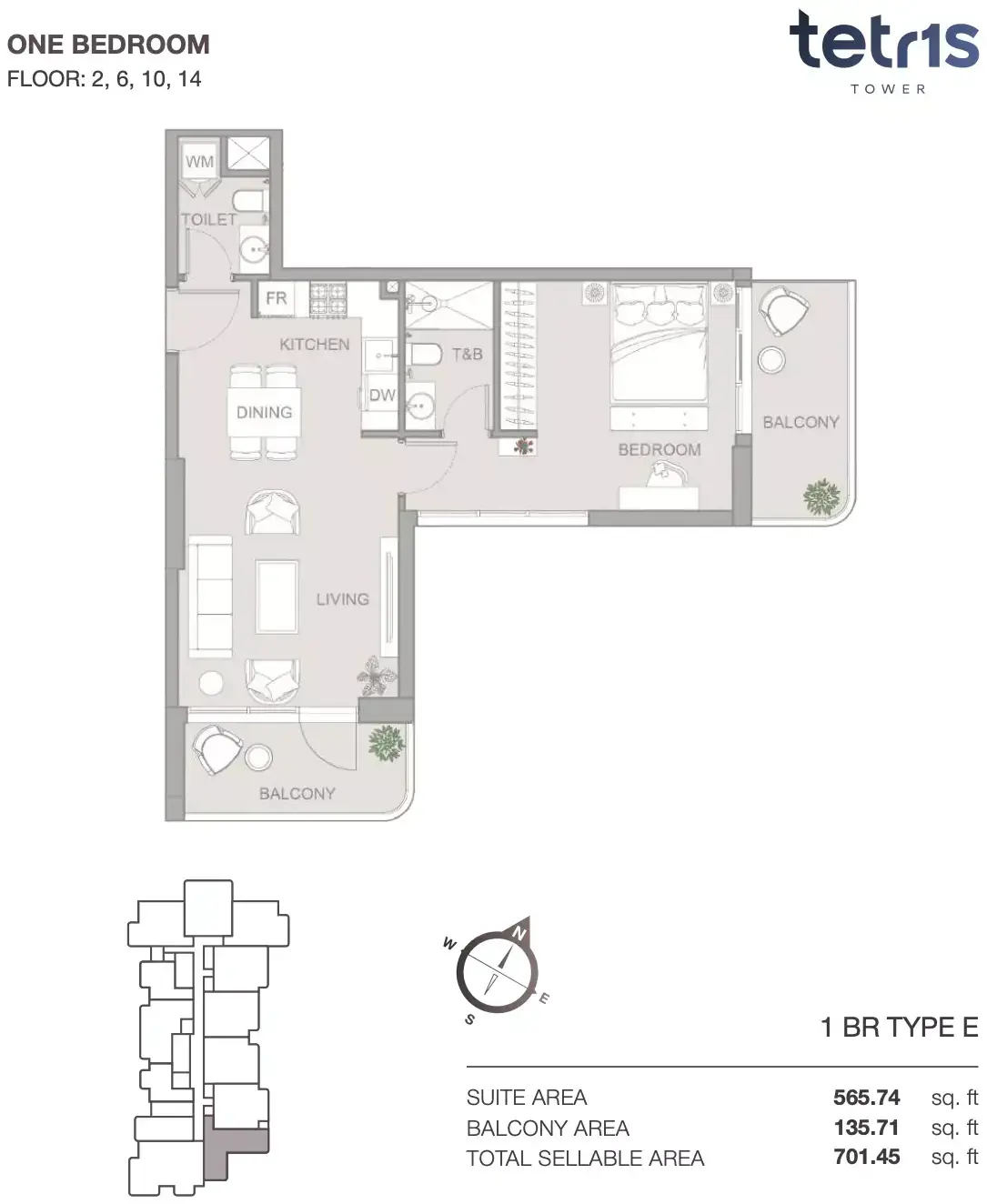 Планировка — 1-спальная, 65 м²