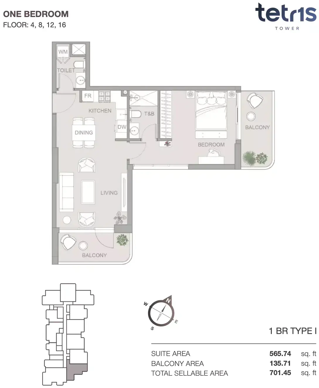 Планировка — 1-спальная, 65 м²