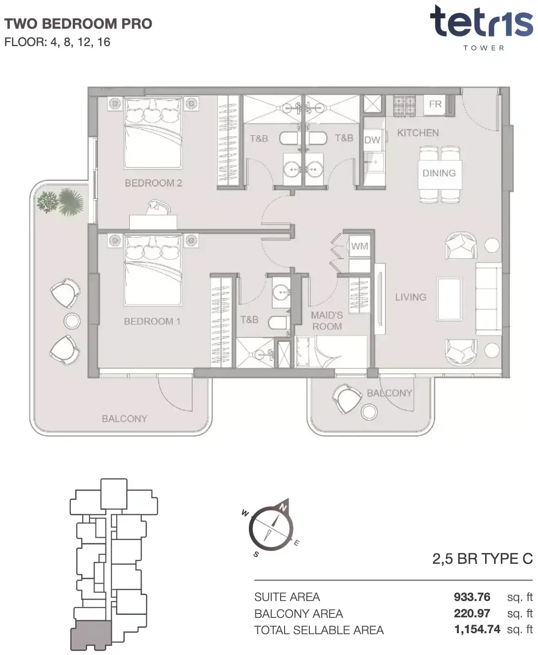Планировка — 3-спальная, 107 м²