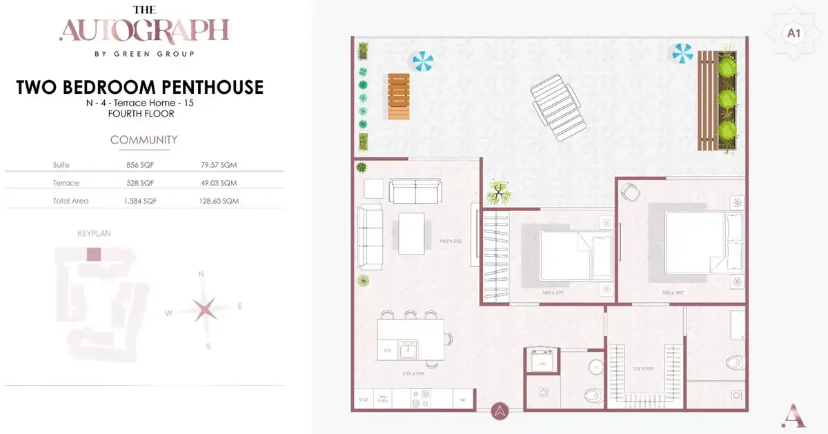 Планировка — 2-спальная, 129 м²