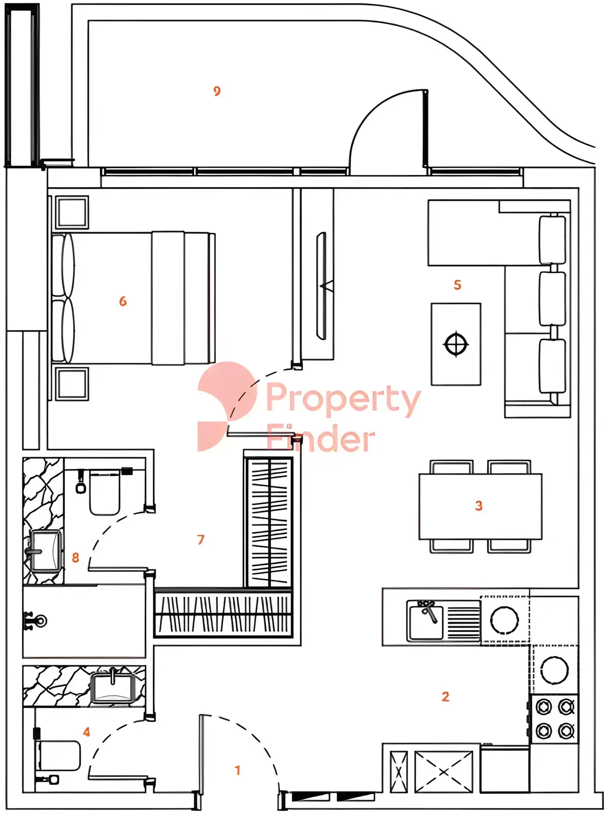 Планировка — 1-спальная, 65 м²