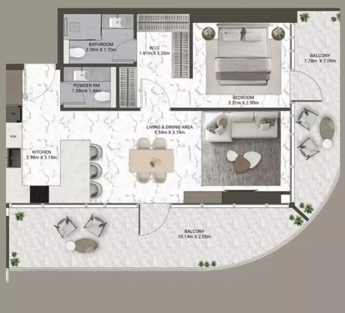 Планировка — 1-спальная, 94 м²