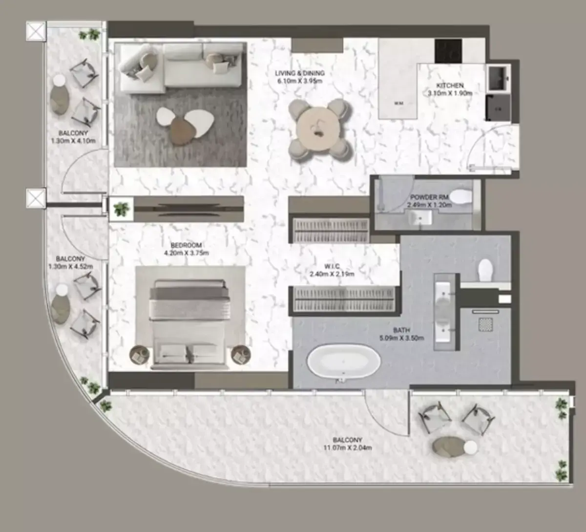 Планировка — 1-спальная, 113 м²