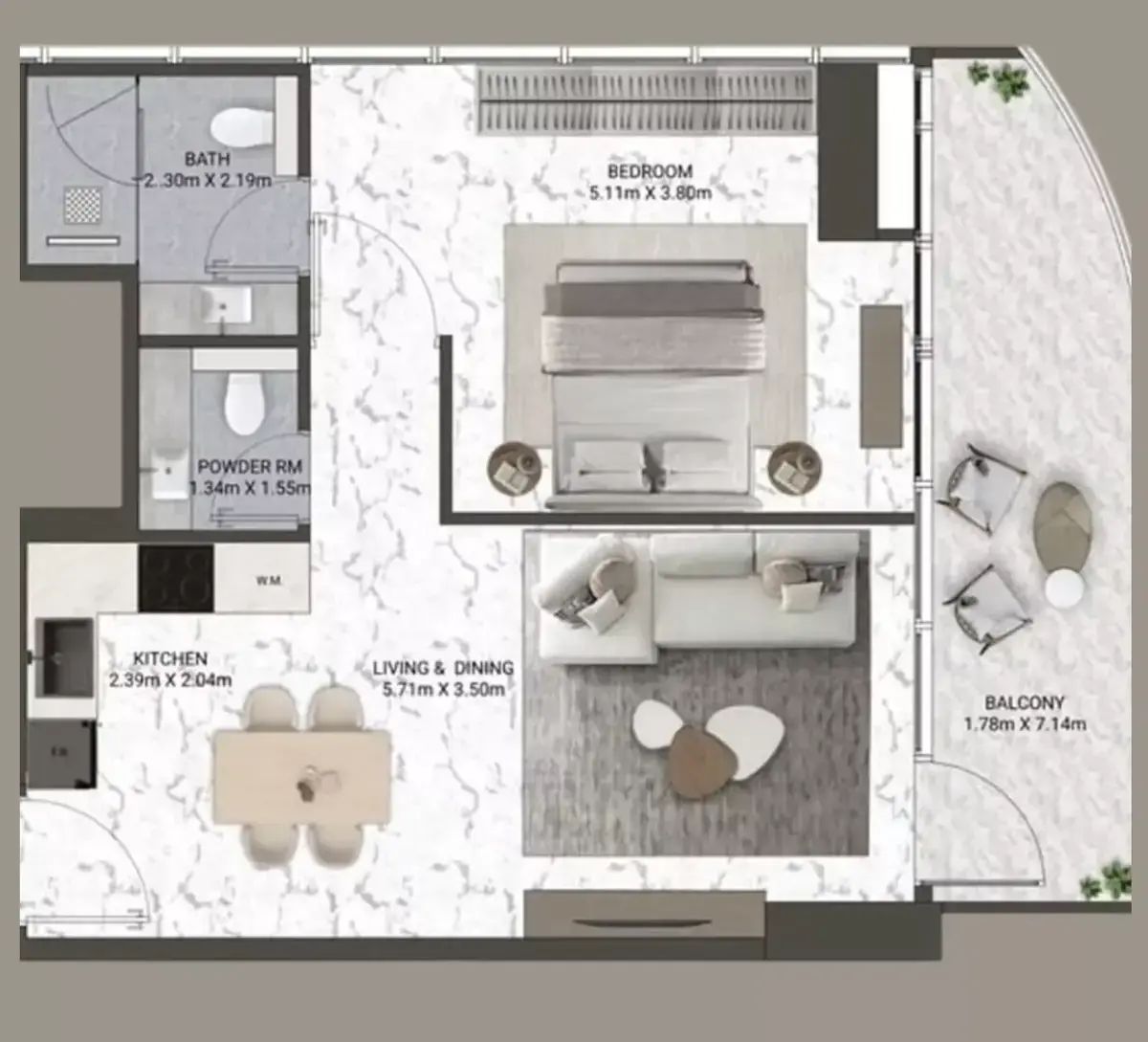 Планировка — 1-спальная, 71 м²