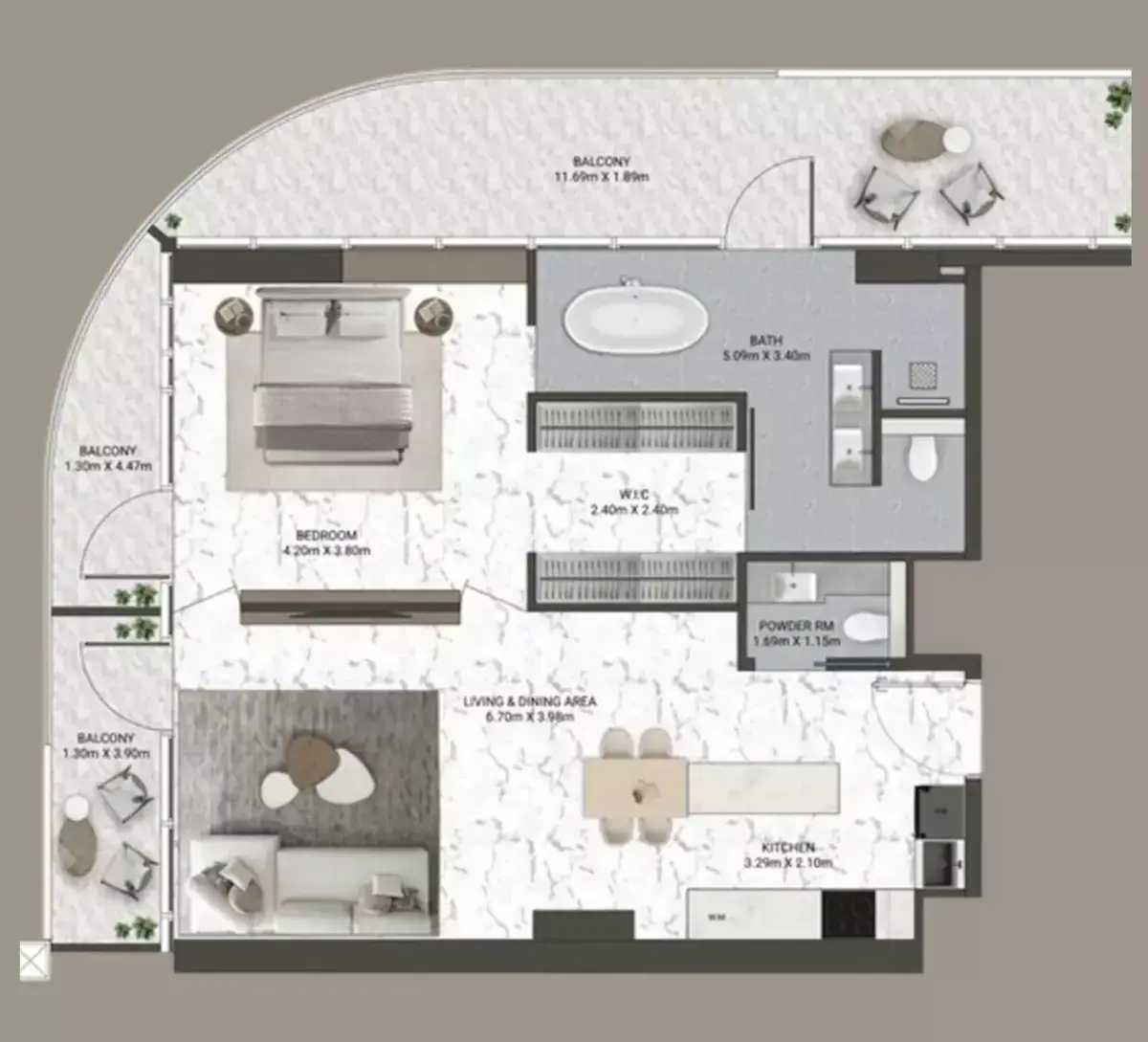 Планировка — 1-спальная, 112 м²