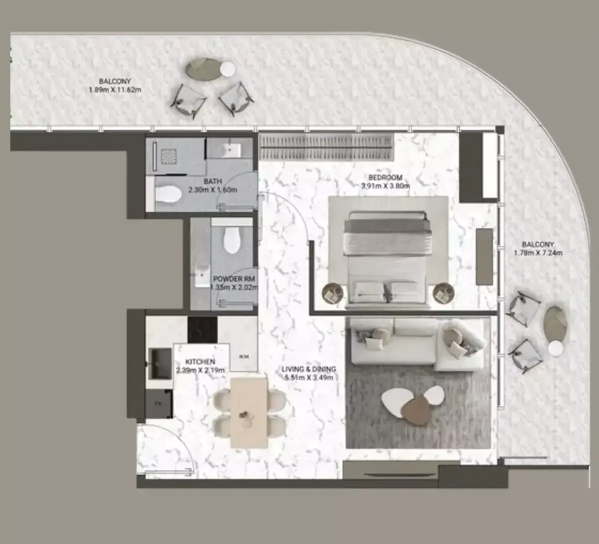 Планировка — 1-спальная, 91 м²