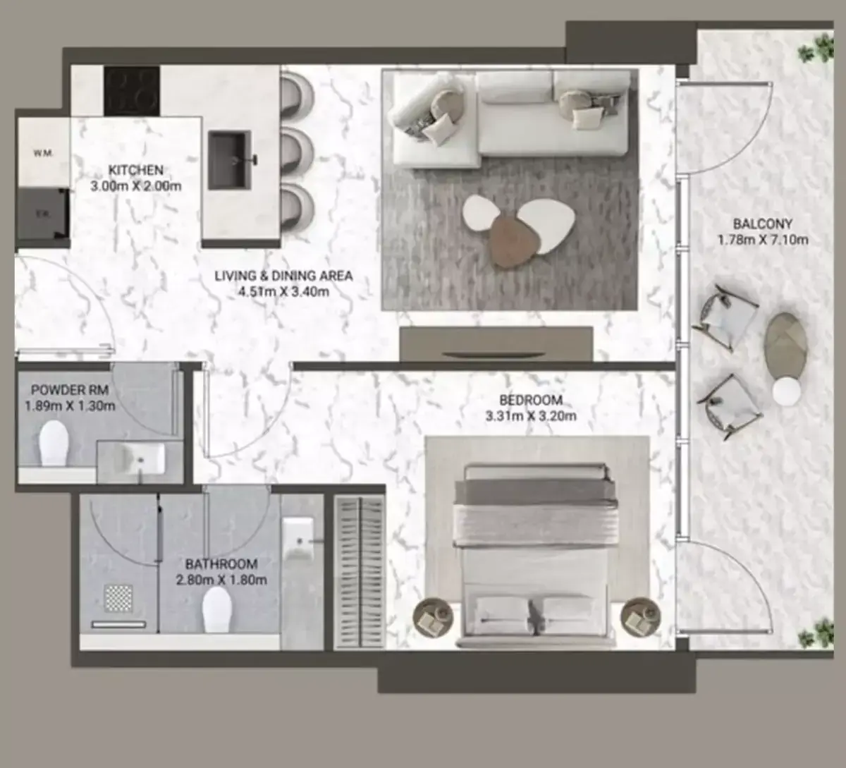 Планировка — 1-спальная, 65 м²