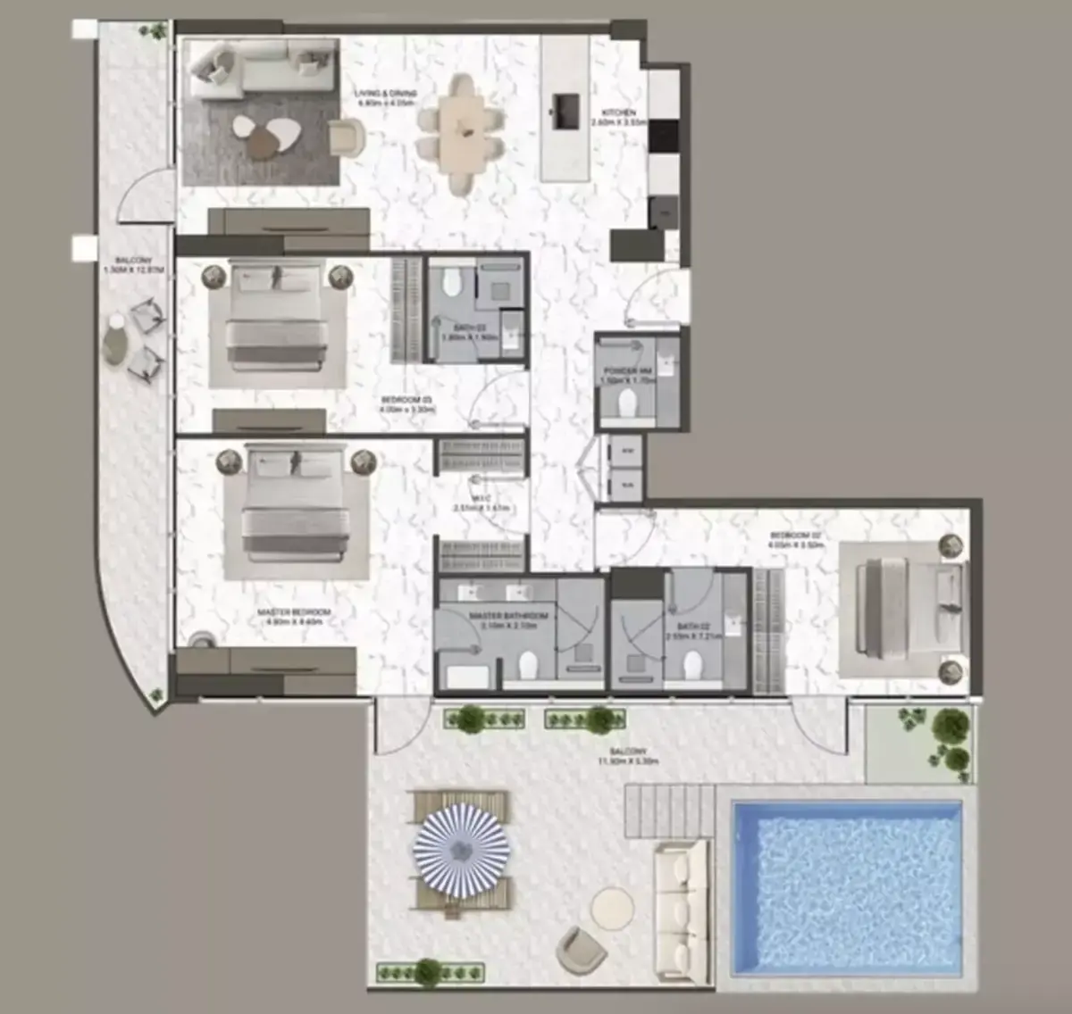 Планировка — 2-спальная, 185 м²