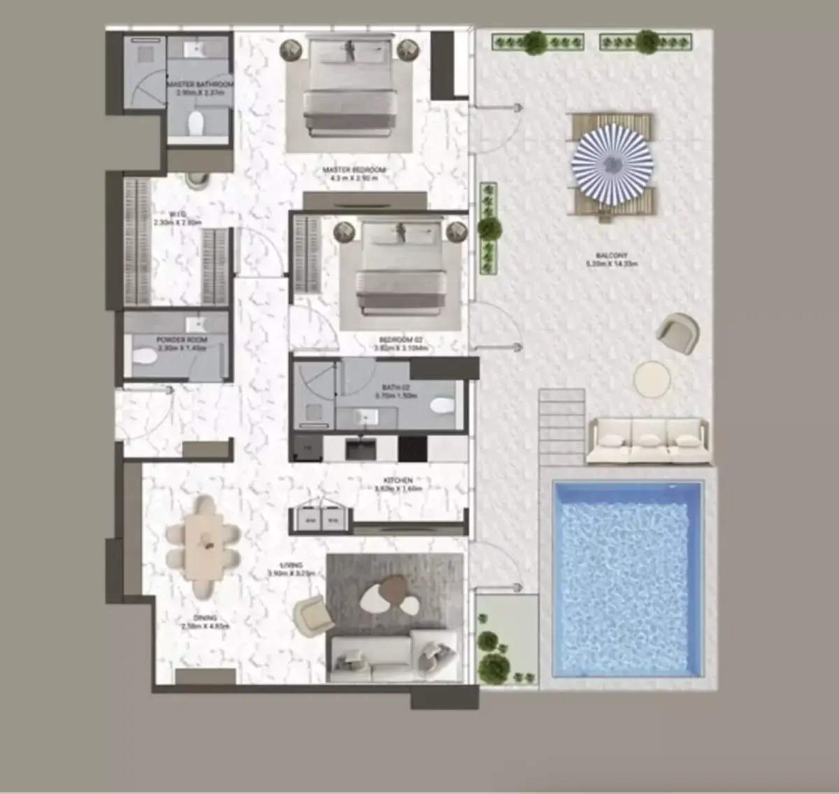 Планировка — 2-спальная, 217 м²