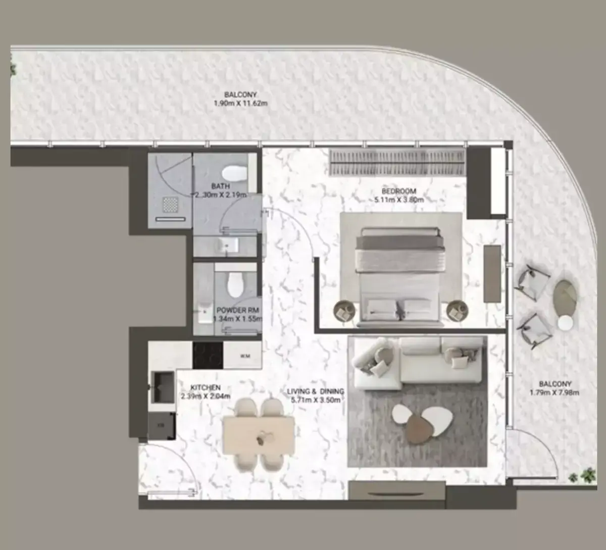 Планировка — 1-спальная, 91 м²