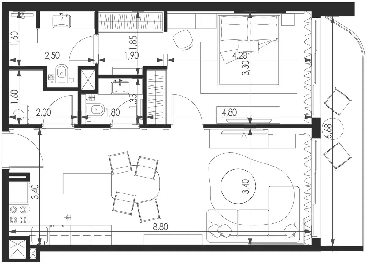 Планировка — 1-спальная, 72 м²