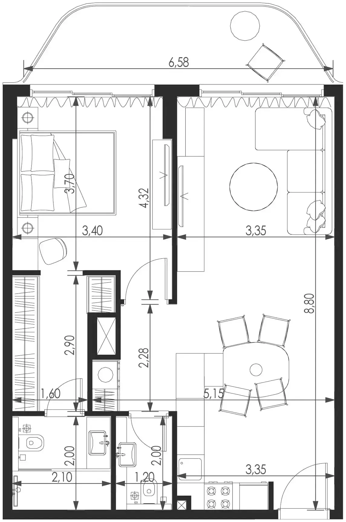 Планировка — 1-спальная, 74 м²