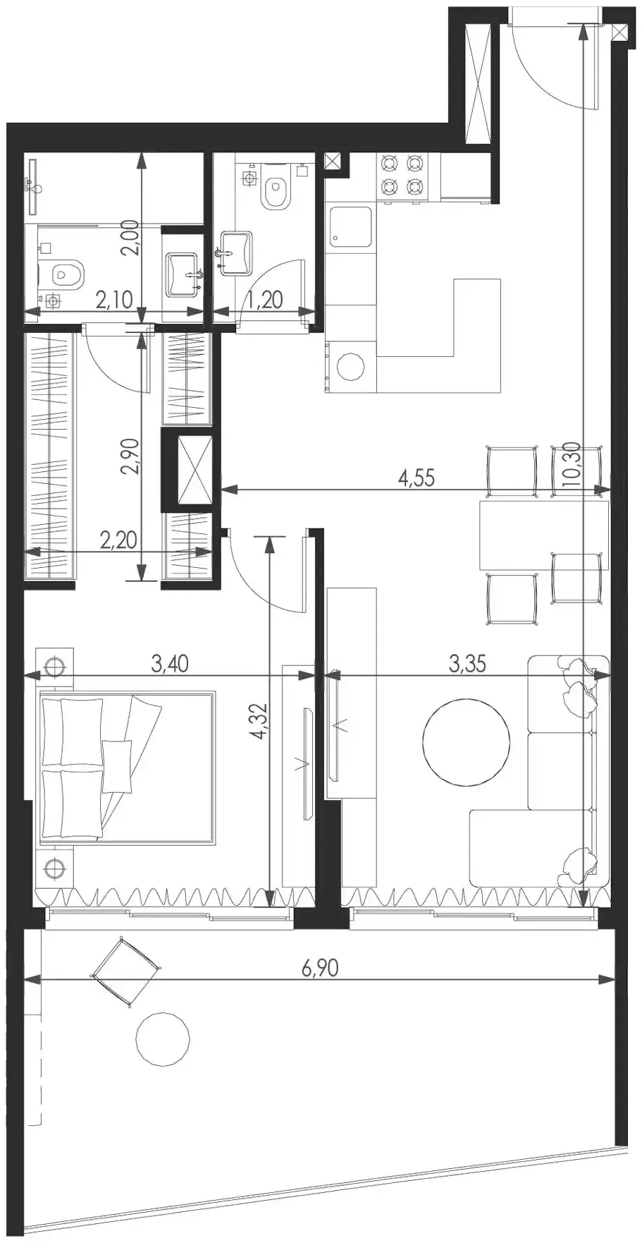 Планировка — 1-спальная, 88 м²