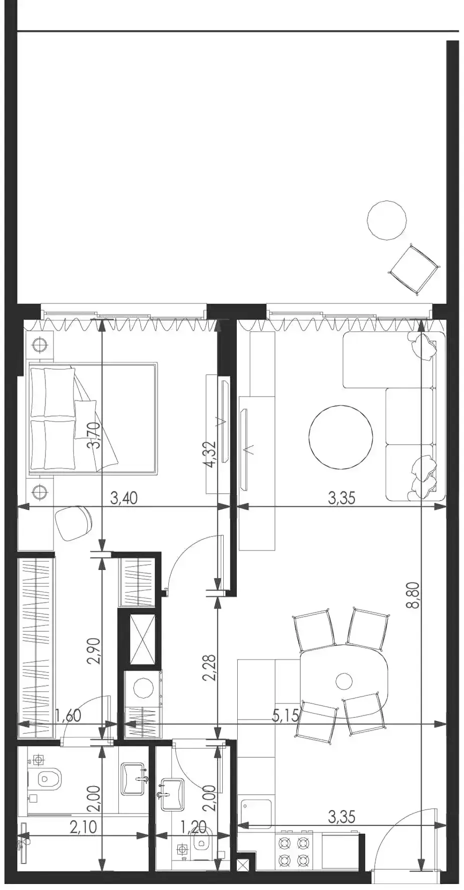 Планировка — 1-спальная, 95 м²