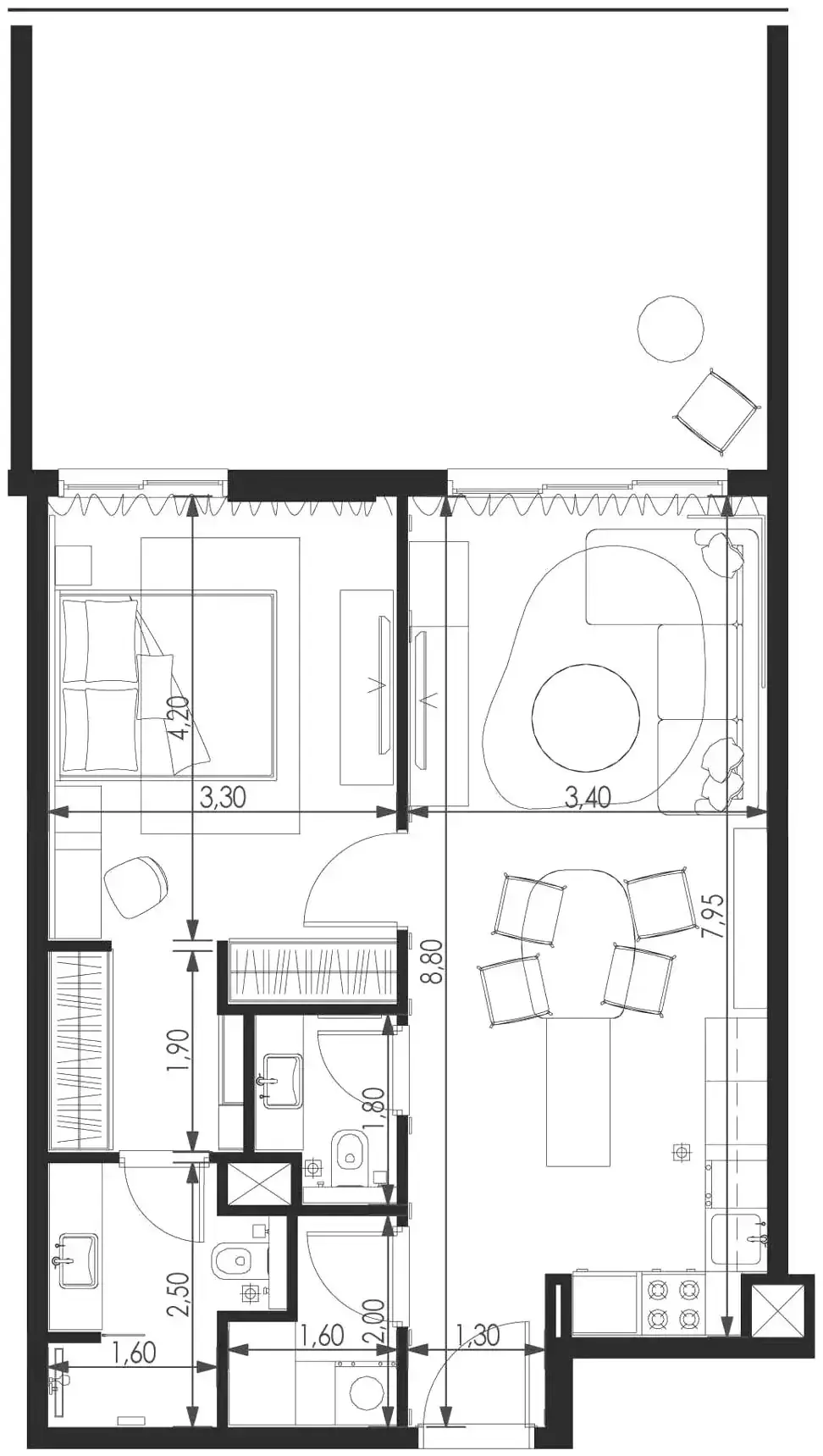 Планировка — 1-спальная, 92 м²