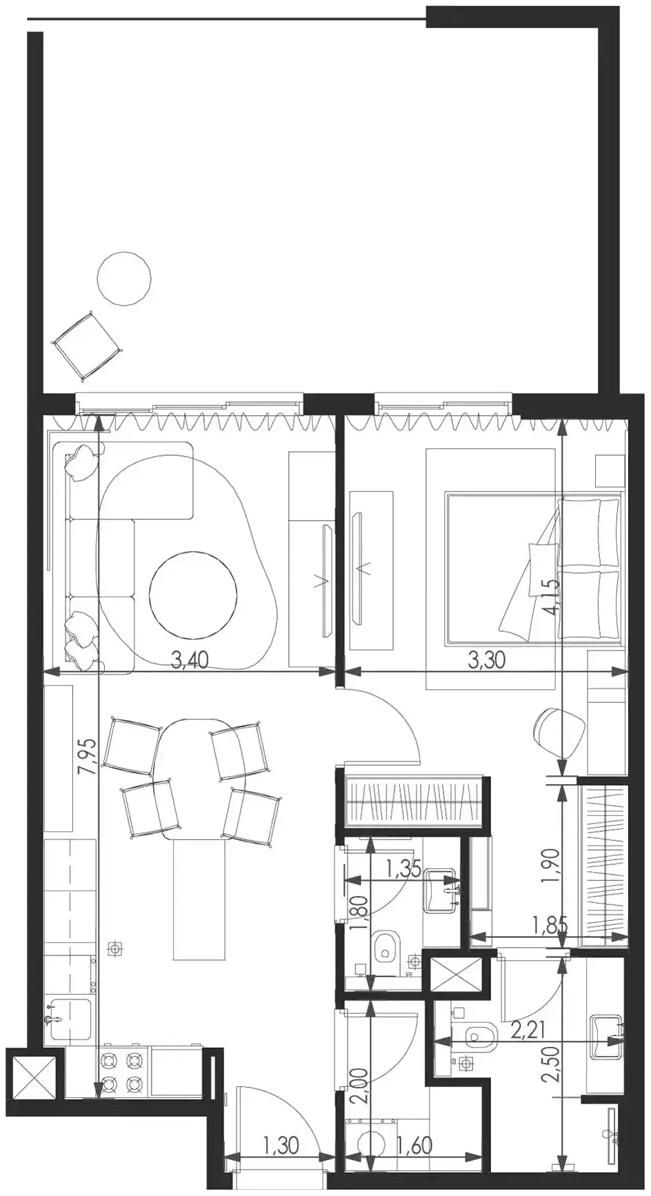 Планировка — 1-спальная, 91 м²
