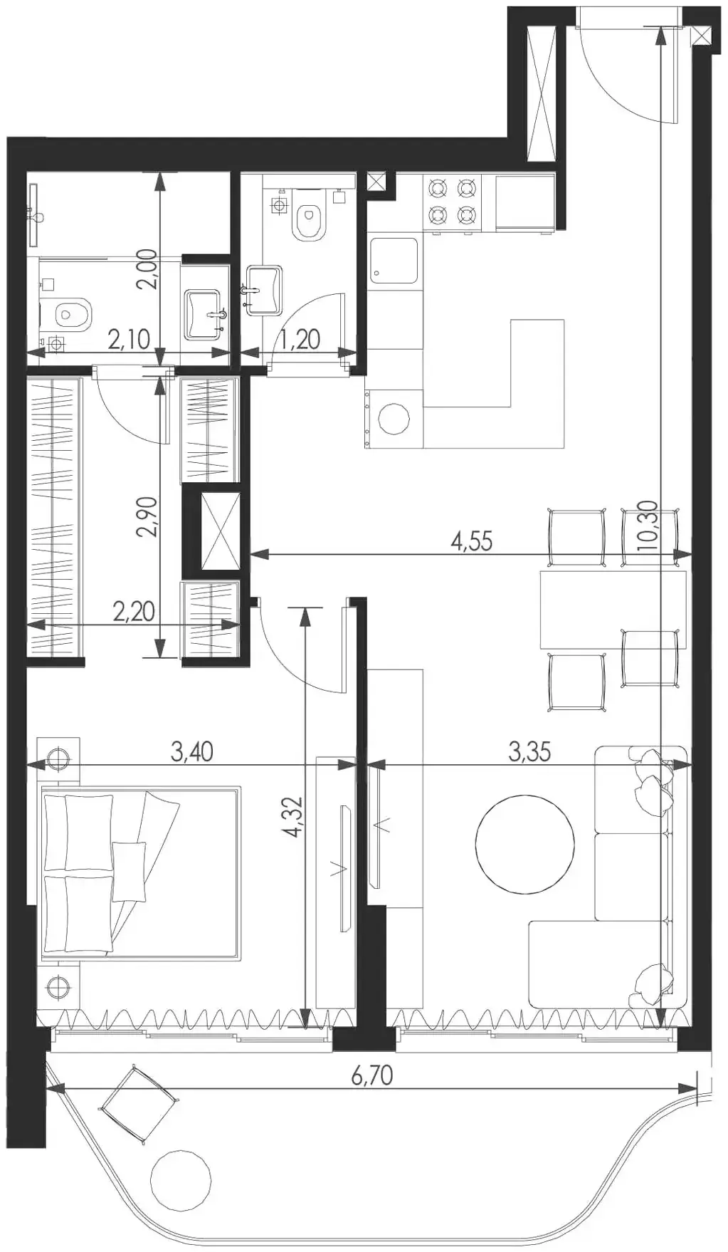 Планировка — 1-спальная, 77 м²