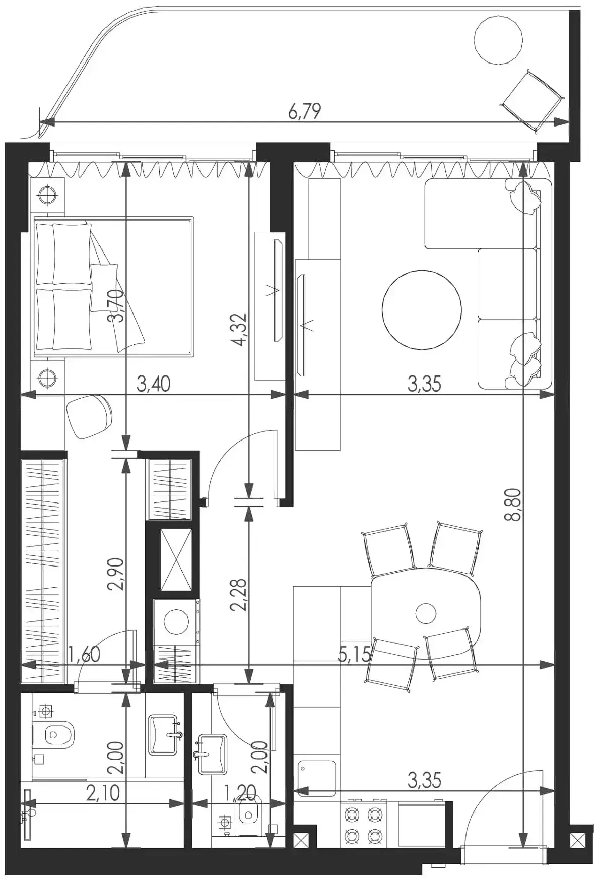 Планировка — 1-спальная, 75 м²