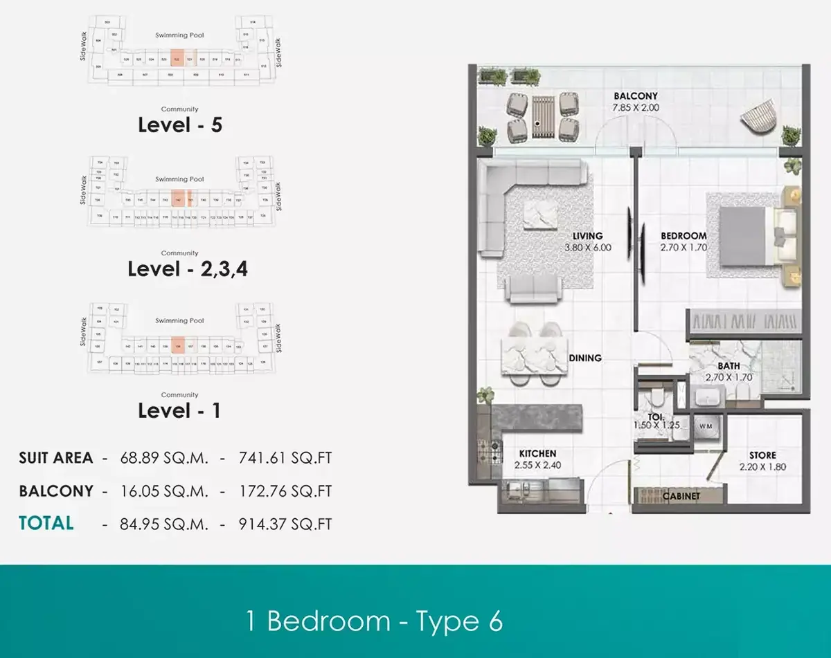Планировка — 1-спальная, 85 м²