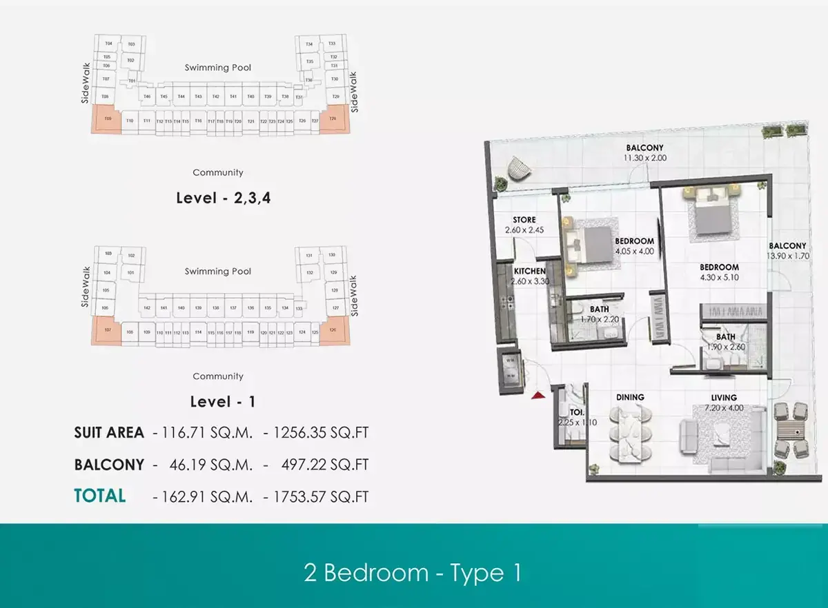 Планировка — 2-спальная, 163 м²