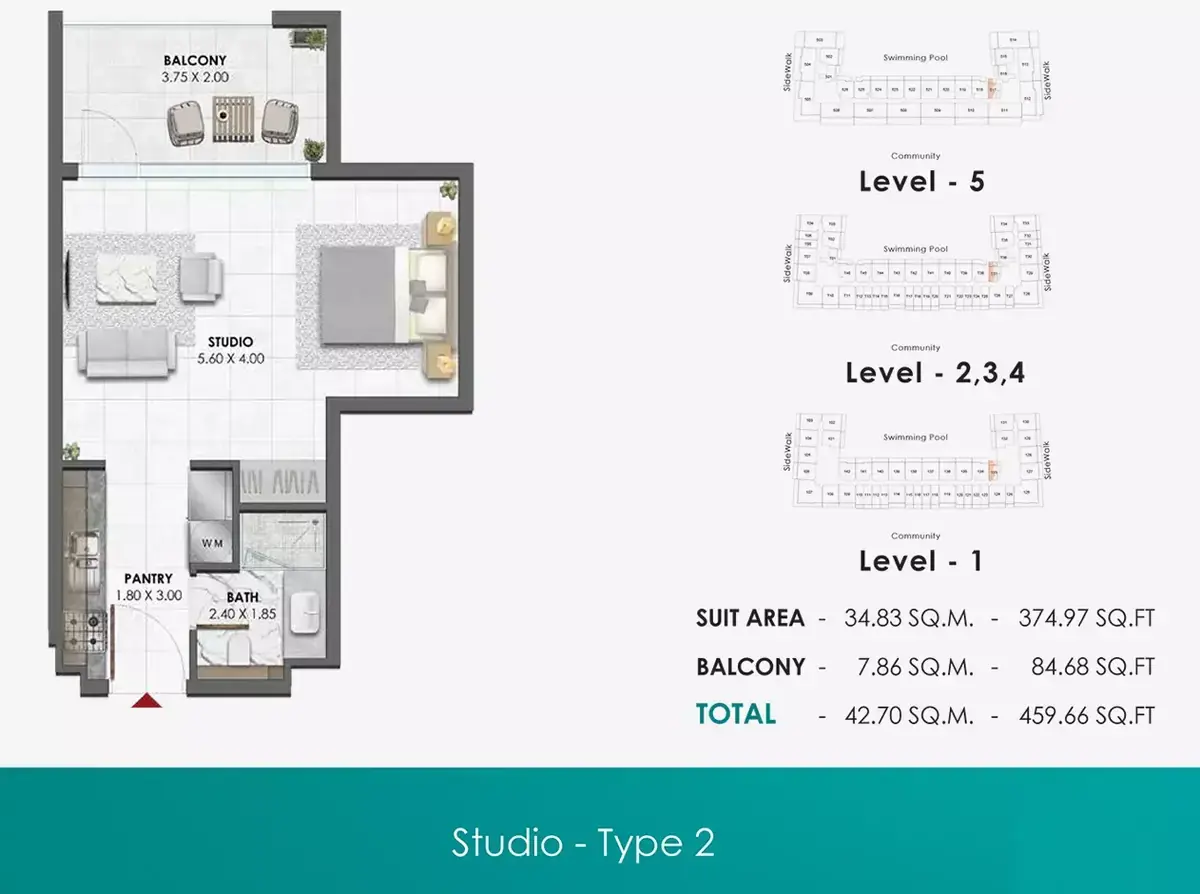 Планировка — Студия, 43 м²