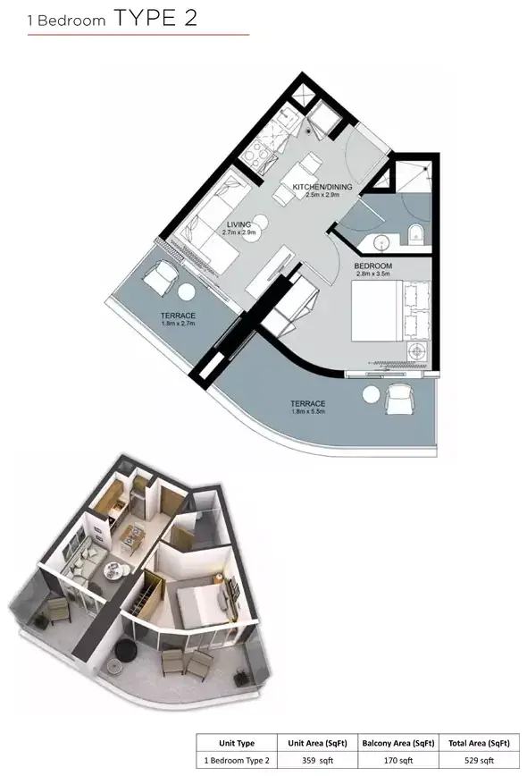 Планировка — 1-спальная, 49 м²