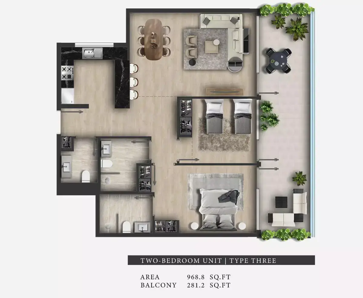 Планировка — 2-спальная, 90 м²