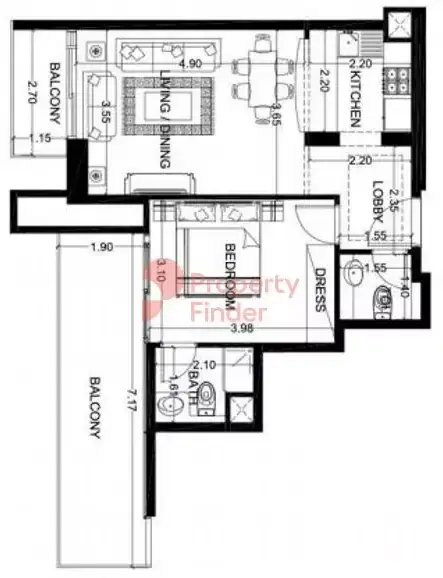 Планировка — 1-спальная, 69 м²