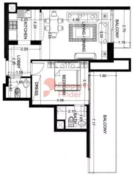 Планировка — 1-спальная, 69 м²