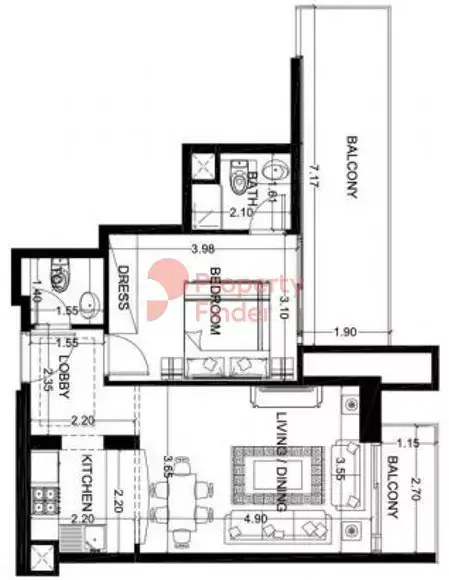 Планировка — 1-спальная, 69 м²