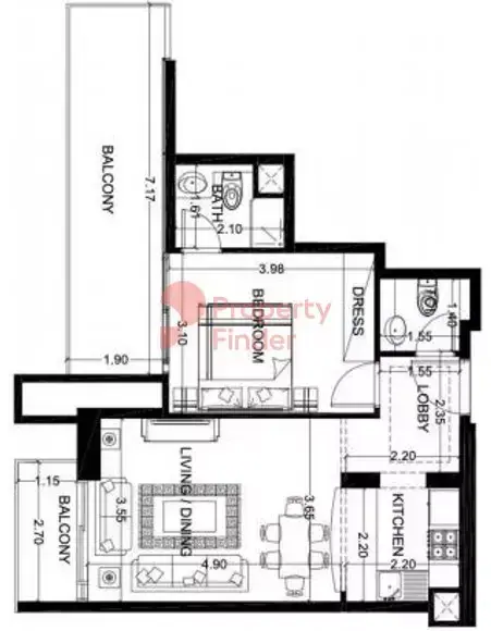Планировка — 1-спальная, 69 м²