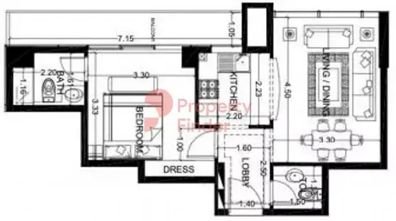 Планировка — 1-спальная, 59 м²