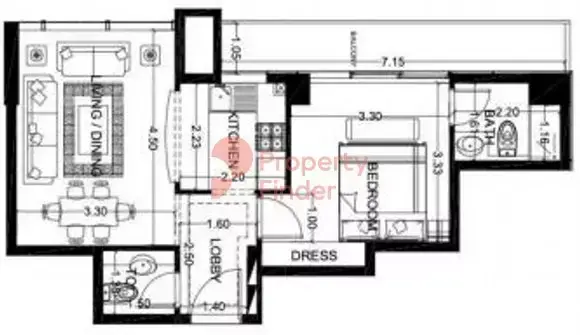 Планировка — 1-спальная, 59 м²