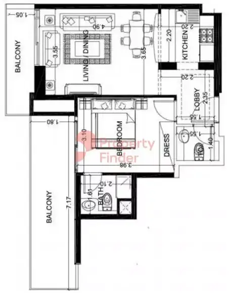 Планировка — 1-спальная, 70 м²