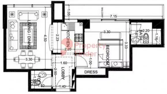 Планировка — 1-спальная, 59 м²