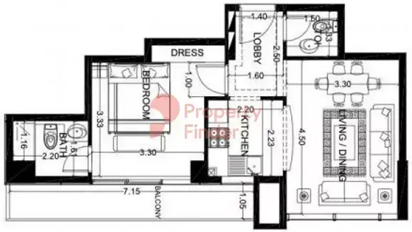 Планировка — 1-спальная, 59 м²