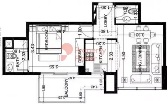 Планировка — 1-спальная, 59 м²