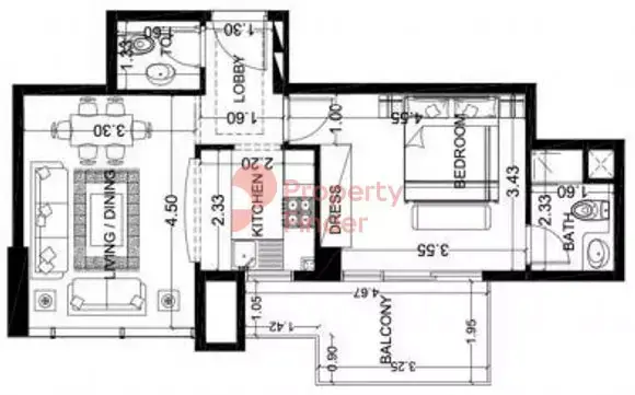 Планировка — 1-спальная, 59 м²