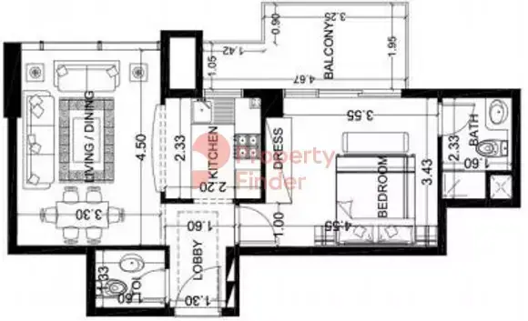 Планировка — 1-спальная, 59 м²