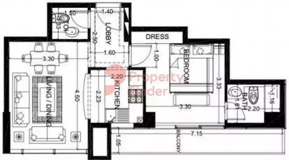 Планировка — 1-спальная, 59 м²