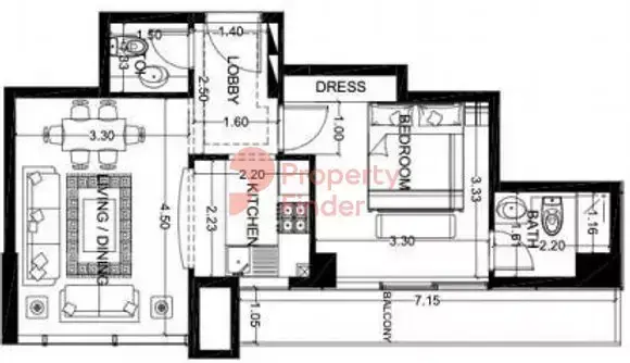 Планировка — 1-спальная, 59 м²