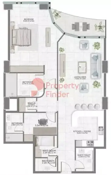 Планировка — 1-спальная, 139 м²