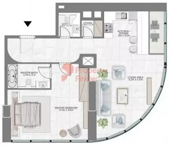 Планировка — 1-спальная, 91 м²