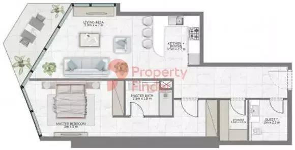Планировка — 1-спальная, 91 м²
