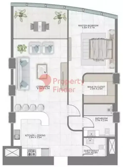 Планировка — 1-спальная, 82 м²